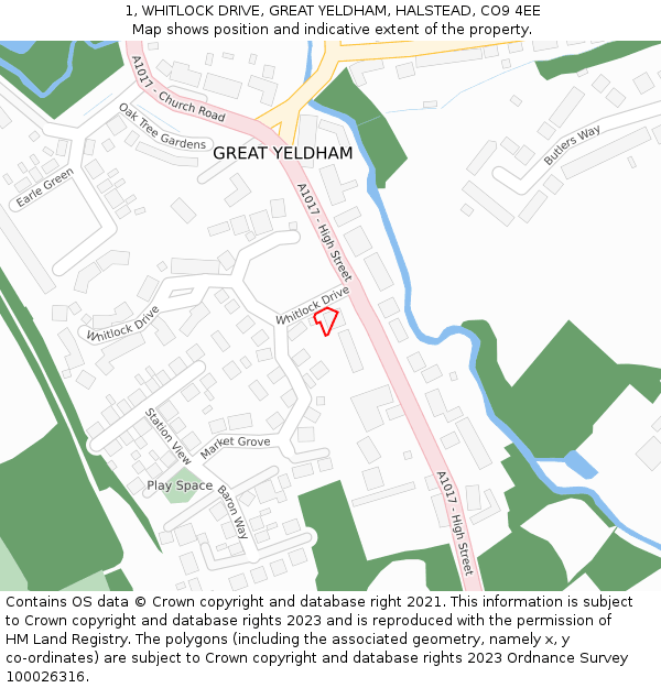 1, WHITLOCK DRIVE, GREAT YELDHAM, HALSTEAD, CO9 4EE: Location map and indicative extent of plot