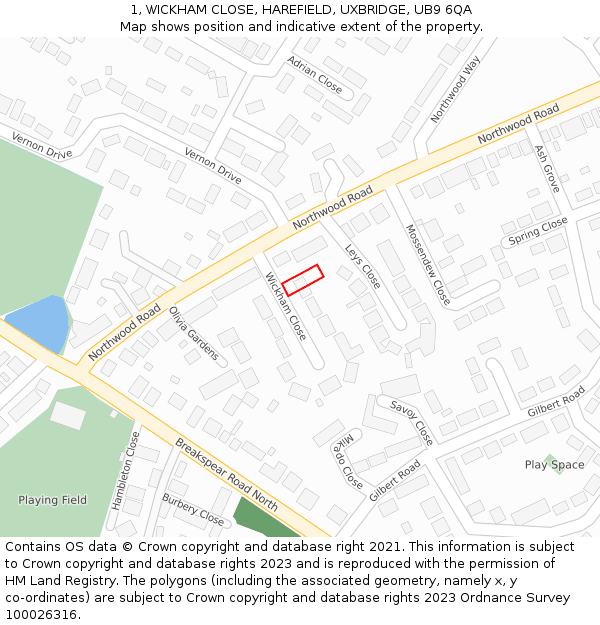 1, WICKHAM CLOSE, HAREFIELD, UXBRIDGE, UB9 6QA: Location map and indicative extent of plot