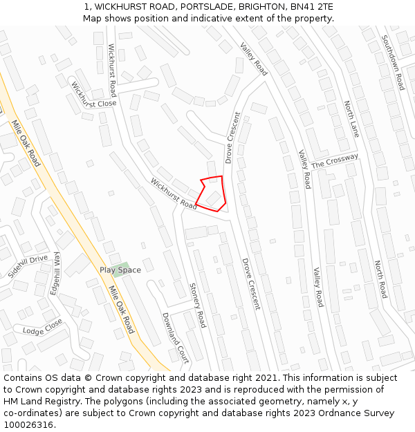 1, WICKHURST ROAD, PORTSLADE, BRIGHTON, BN41 2TE: Location map and indicative extent of plot