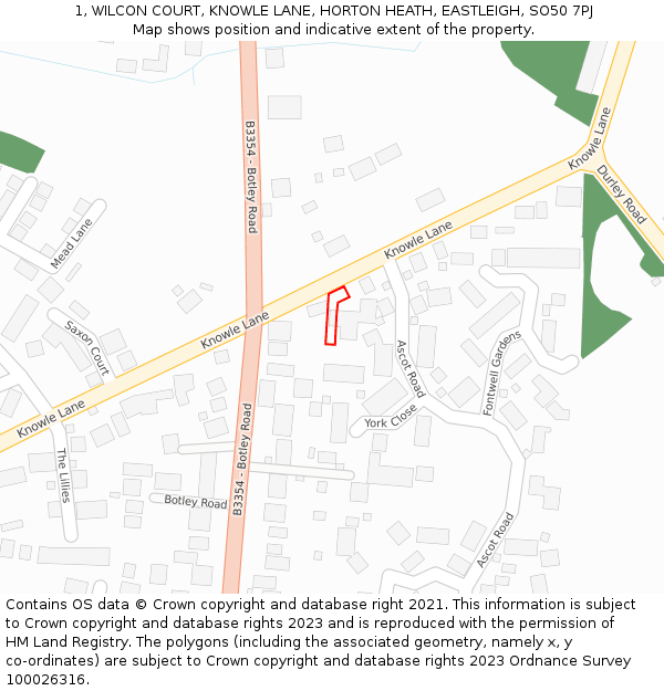 1, WILCON COURT, KNOWLE LANE, HORTON HEATH, EASTLEIGH, SO50 7PJ: Location map and indicative extent of plot