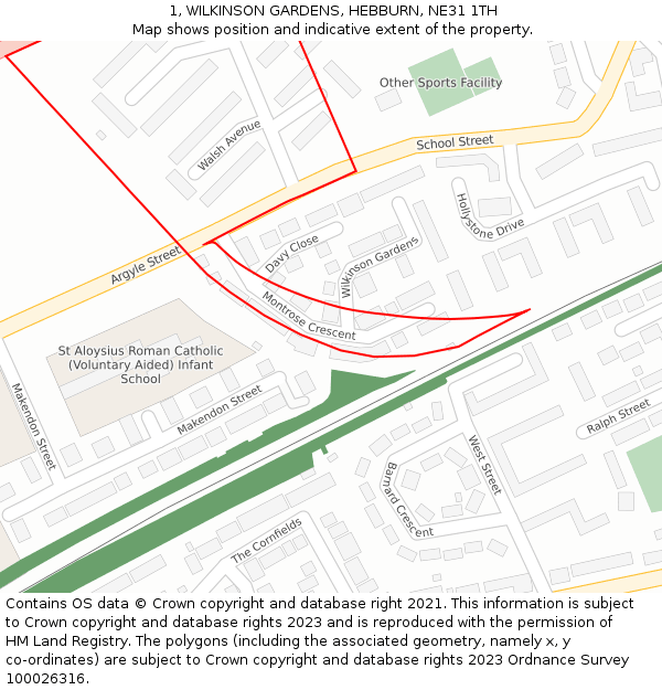 1, WILKINSON GARDENS, HEBBURN, NE31 1TH: Location map and indicative extent of plot