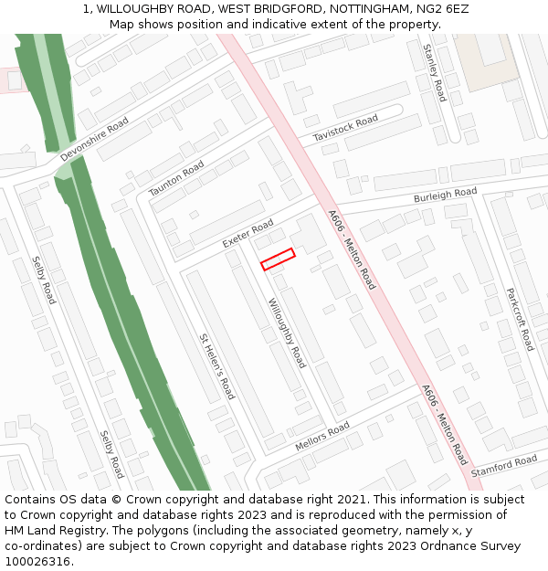 1, WILLOUGHBY ROAD, WEST BRIDGFORD, NOTTINGHAM, NG2 6EZ: Location map and indicative extent of plot