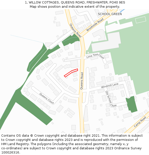 1, WILLOW COTTAGES, QUEENS ROAD, FRESHWATER, PO40 9ES: Location map and indicative extent of plot