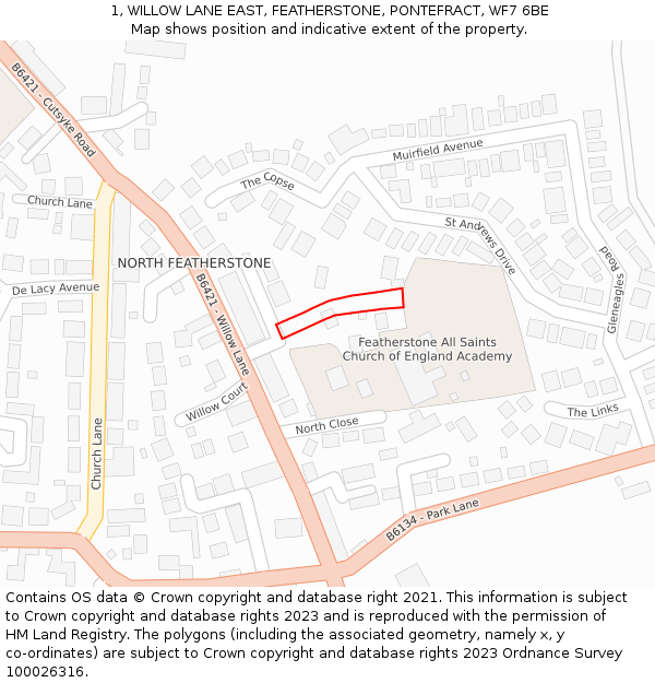 1, WILLOW LANE EAST, FEATHERSTONE, PONTEFRACT, WF7 6BE: Location map and indicative extent of plot