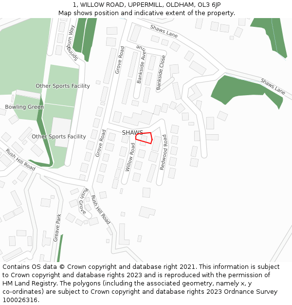 1, WILLOW ROAD, UPPERMILL, OLDHAM, OL3 6JP: Location map and indicative extent of plot
