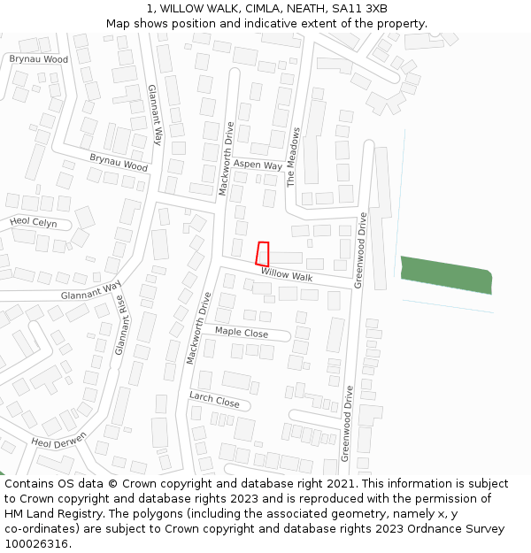 1, WILLOW WALK, CIMLA, NEATH, SA11 3XB: Location map and indicative extent of plot