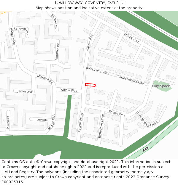 1, WILLOW WAY, COVENTRY, CV3 3HU: Location map and indicative extent of plot