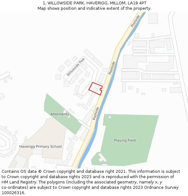 1, WILLOWSIDE PARK, HAVERIGG, MILLOM, LA18 4PT: Location map and indicative extent of plot