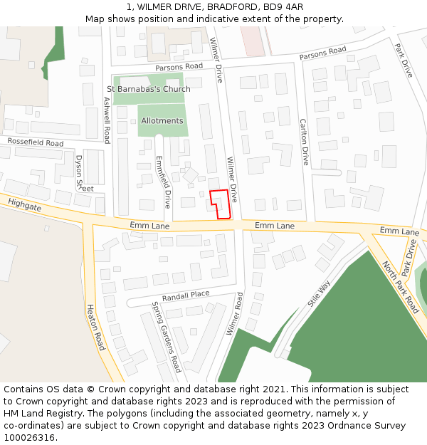 1, WILMER DRIVE, BRADFORD, BD9 4AR: Location map and indicative extent of plot