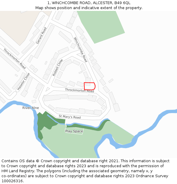 1, WINCHCOMBE ROAD, ALCESTER, B49 6QL: Location map and indicative extent of plot
