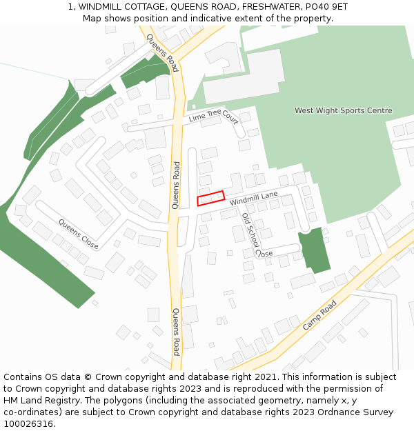 1, WINDMILL COTTAGE, QUEENS ROAD, FRESHWATER, PO40 9ET: Location map and indicative extent of plot