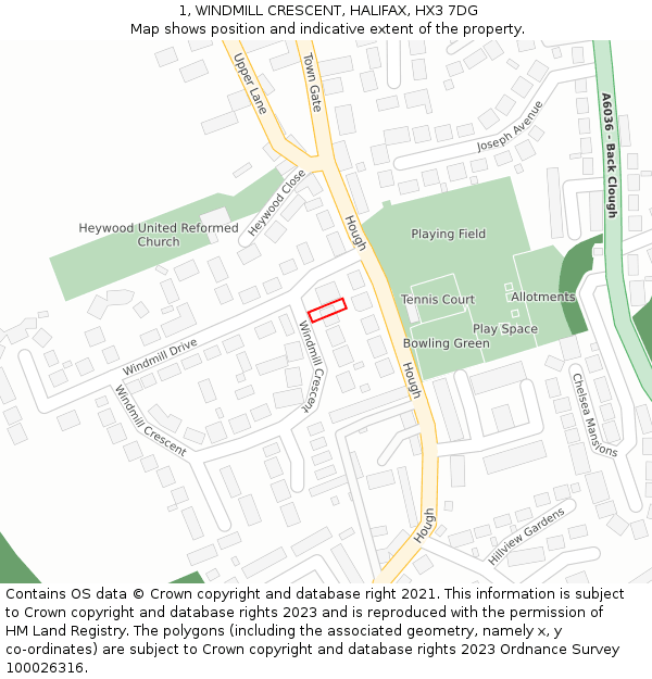 1, WINDMILL CRESCENT, HALIFAX, HX3 7DG: Location map and indicative extent of plot
