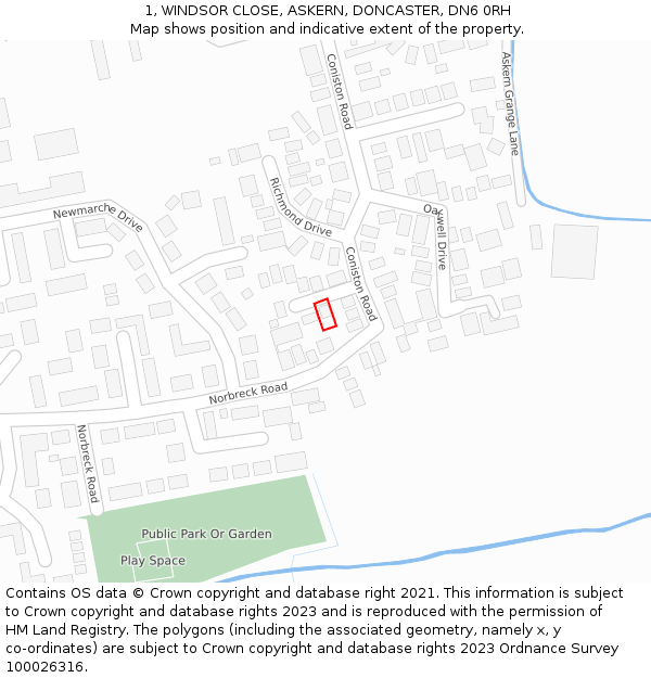 1, WINDSOR CLOSE, ASKERN, DONCASTER, DN6 0RH: Location map and indicative extent of plot