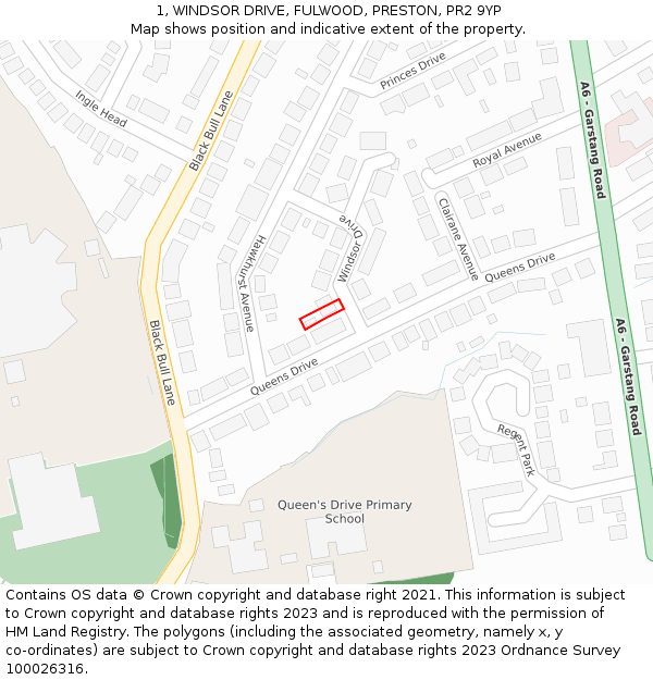 1, WINDSOR DRIVE, FULWOOD, PRESTON, PR2 9YP: Location map and indicative extent of plot