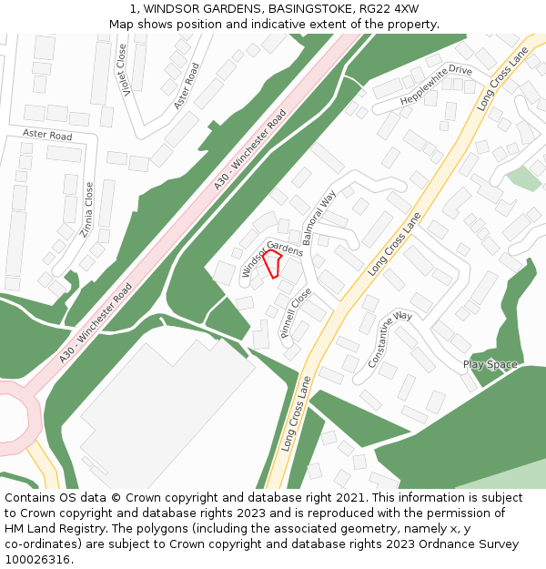 1, WINDSOR GARDENS, BASINGSTOKE, RG22 4XW: Location map and indicative extent of plot