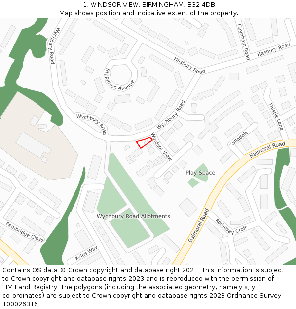 1, WINDSOR VIEW, BIRMINGHAM, B32 4DB: Location map and indicative extent of plot