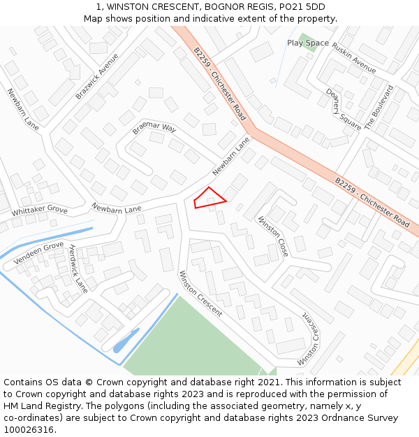 1, WINSTON CRESCENT, BOGNOR REGIS, PO21 5DD: Location map and indicative extent of plot