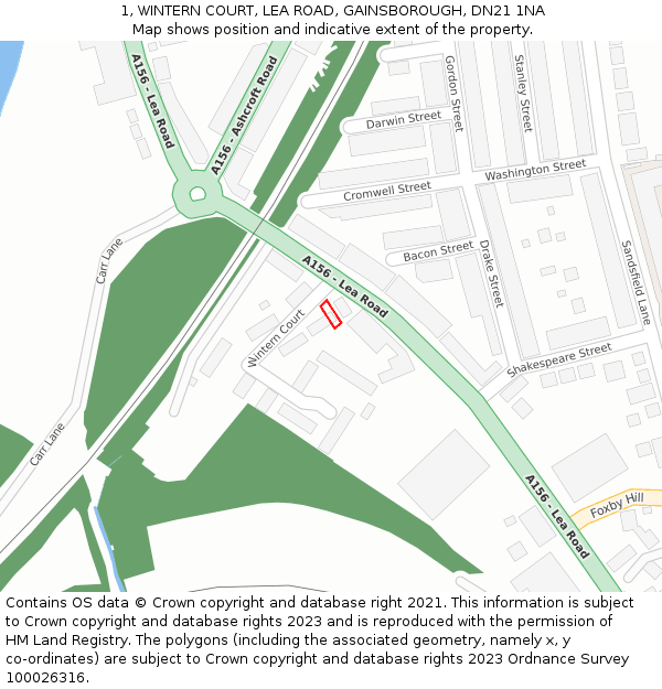 1, WINTERN COURT, LEA ROAD, GAINSBOROUGH, DN21 1NA: Location map and indicative extent of plot