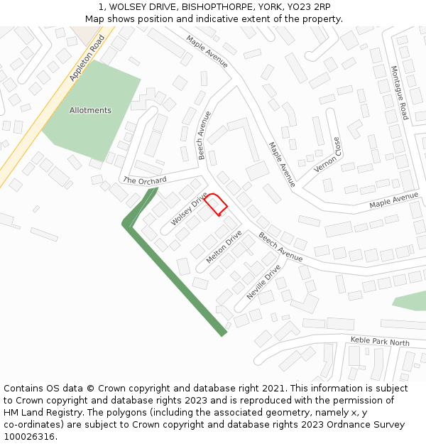 1, WOLSEY DRIVE, BISHOPTHORPE, YORK, YO23 2RP: Location map and indicative extent of plot