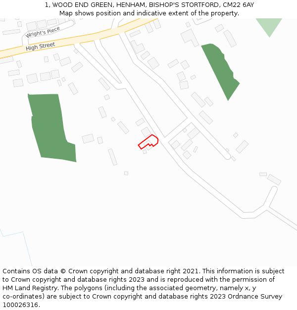 1, WOOD END GREEN, HENHAM, BISHOP'S STORTFORD, CM22 6AY: Location map and indicative extent of plot