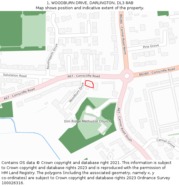 1, WOODBURN DRIVE, DARLINGTON, DL3 8AB: Location map and indicative extent of plot