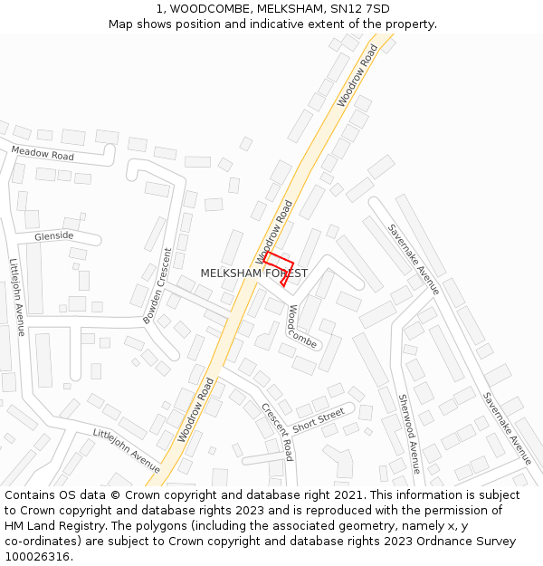 1, WOODCOMBE, MELKSHAM, SN12 7SD: Location map and indicative extent of plot