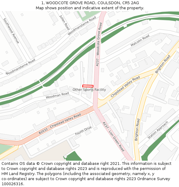 1, WOODCOTE GROVE ROAD, COULSDON, CR5 2AG: Location map and indicative extent of plot