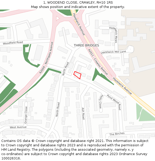 1, WOODEND CLOSE, CRAWLEY, RH10 1RS: Location map and indicative extent of plot