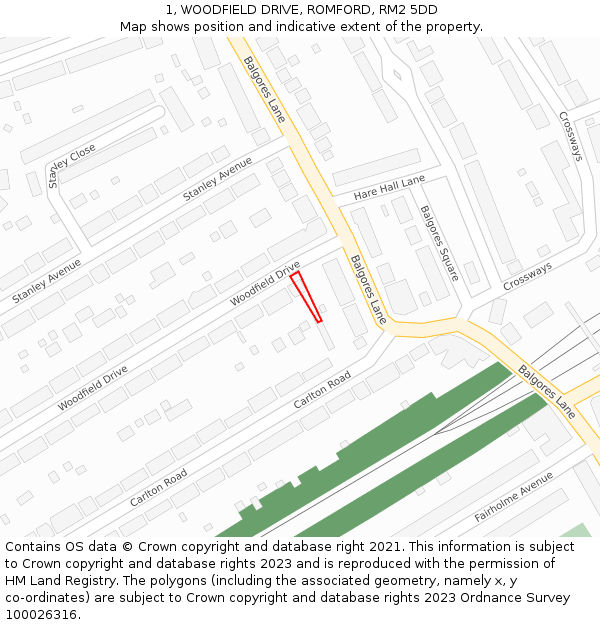 1, WOODFIELD DRIVE, ROMFORD, RM2 5DD: Location map and indicative extent of plot