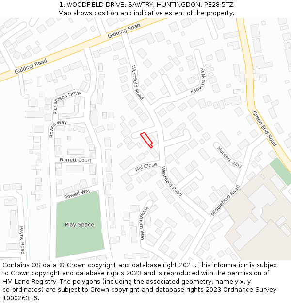 1, WOODFIELD DRIVE, SAWTRY, HUNTINGDON, PE28 5TZ: Location map and indicative extent of plot