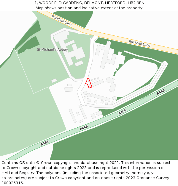 1, WOODFIELD GARDENS, BELMONT, HEREFORD, HR2 9RN: Location map and indicative extent of plot