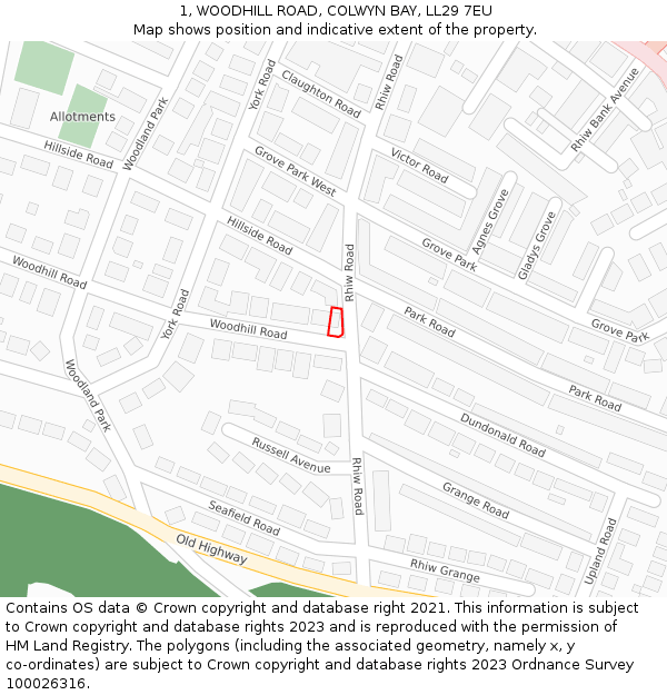 1, WOODHILL ROAD, COLWYN BAY, LL29 7EU: Location map and indicative extent of plot