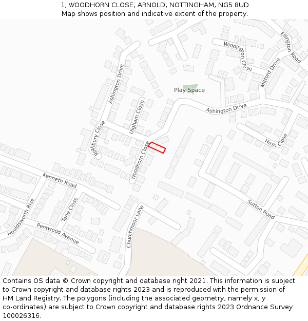 1, WOODHORN CLOSE, ARNOLD, NOTTINGHAM, NG5 8UD: Location map and indicative extent of plot