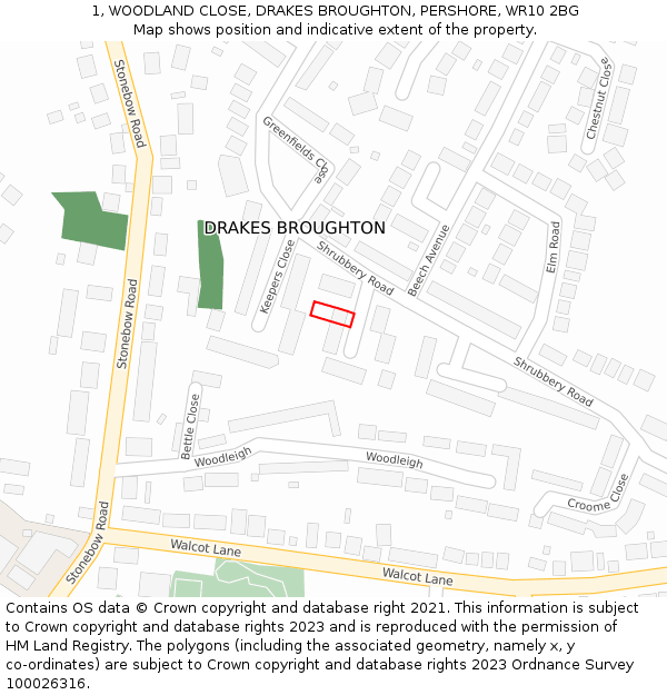 1, WOODLAND CLOSE, DRAKES BROUGHTON, PERSHORE, WR10 2BG: Location map and indicative extent of plot