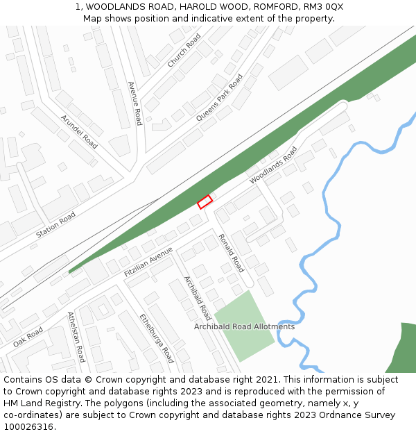 1, WOODLANDS ROAD, HAROLD WOOD, ROMFORD, RM3 0QX: Location map and indicative extent of plot