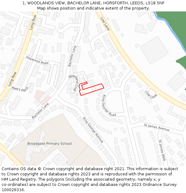 1, WOODLANDS VIEW, BACHELOR LANE, HORSFORTH, LEEDS, LS18 5NF: Location map and indicative extent of plot