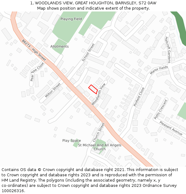 1, WOODLANDS VIEW, GREAT HOUGHTON, BARNSLEY, S72 0AW: Location map and indicative extent of plot