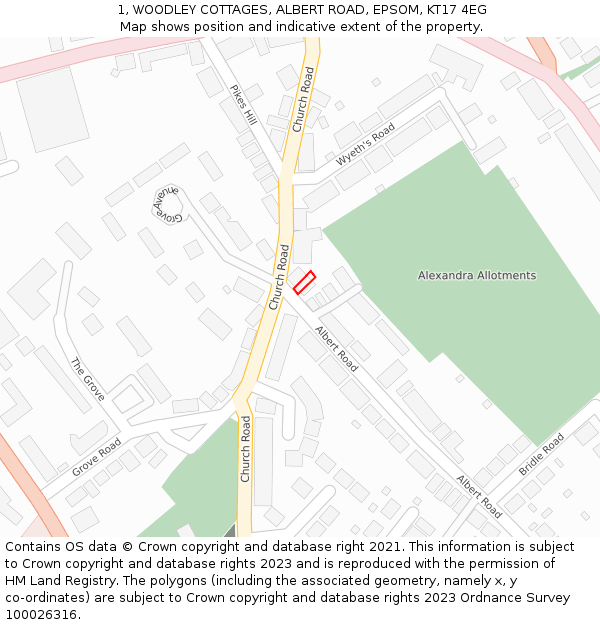 1, WOODLEY COTTAGES, ALBERT ROAD, EPSOM, KT17 4EG: Location map and indicative extent of plot