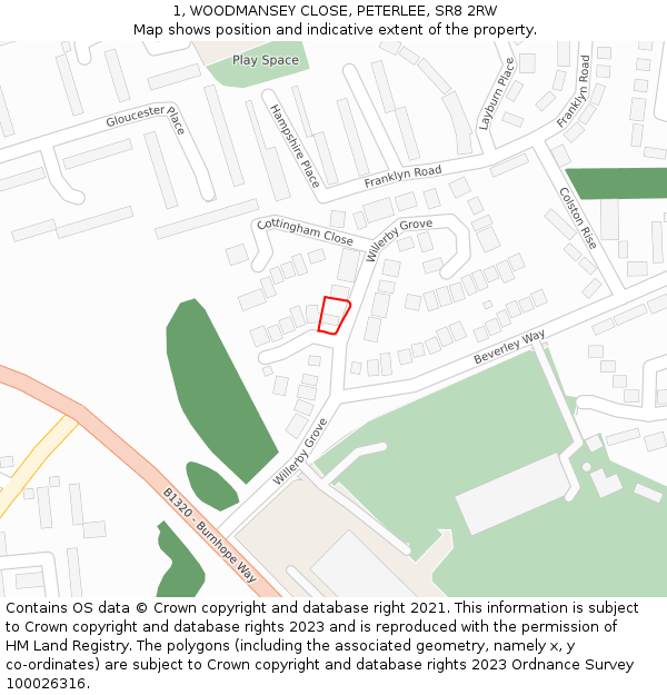 1, WOODMANSEY CLOSE, PETERLEE, SR8 2RW: Location map and indicative extent of plot