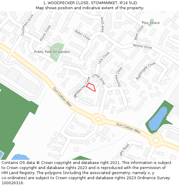 1, WOODPECKER CLOSE, STOWMARKET, IP14 5UD: Location map and indicative extent of plot