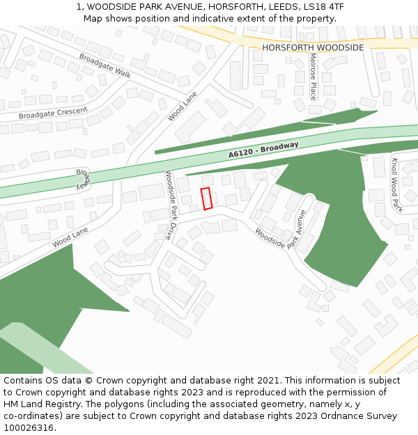 1, WOODSIDE PARK AVENUE, HORSFORTH, LEEDS, LS18 4TF: Location map and indicative extent of plot