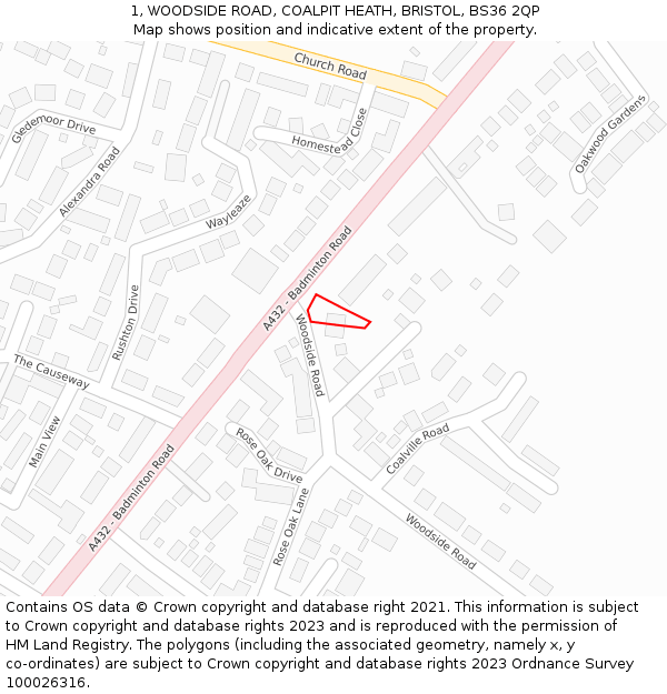 1, WOODSIDE ROAD, COALPIT HEATH, BRISTOL, BS36 2QP: Location map and indicative extent of plot