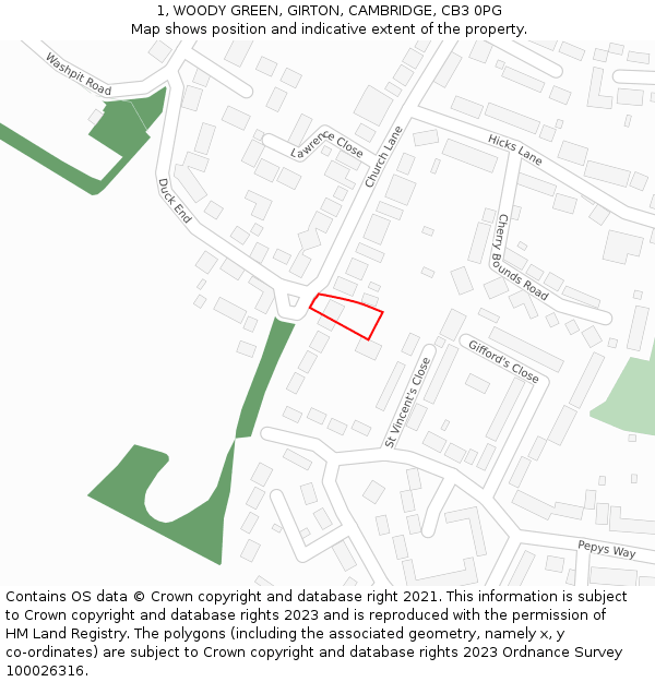 1, WOODY GREEN, GIRTON, CAMBRIDGE, CB3 0PG: Location map and indicative extent of plot