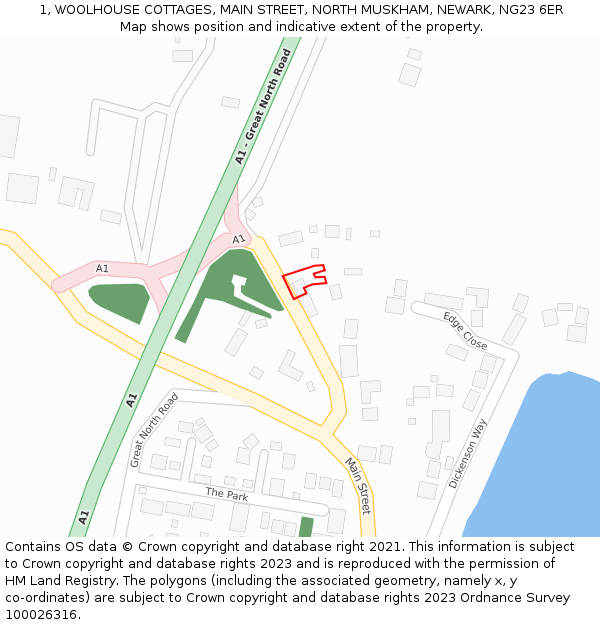 1, WOOLHOUSE COTTAGES, MAIN STREET, NORTH MUSKHAM, NEWARK, NG23 6ER: Location map and indicative extent of plot