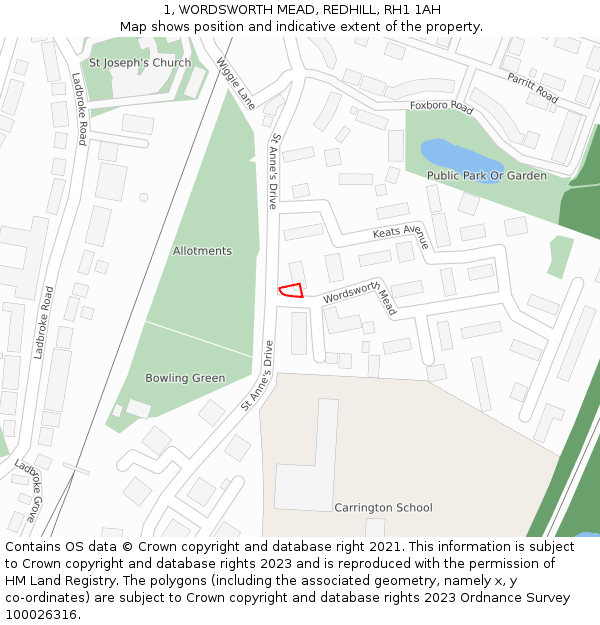 1, WORDSWORTH MEAD, REDHILL, RH1 1AH: Location map and indicative extent of plot