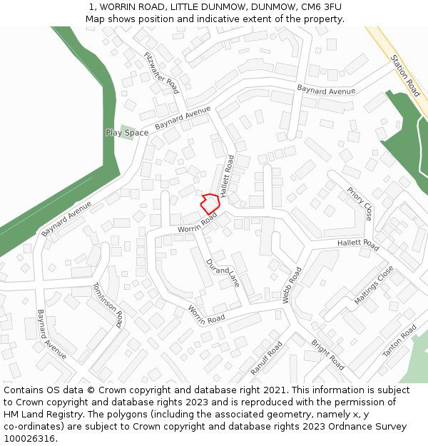 1, WORRIN ROAD, LITTLE DUNMOW, DUNMOW, CM6 3FU: Location map and indicative extent of plot