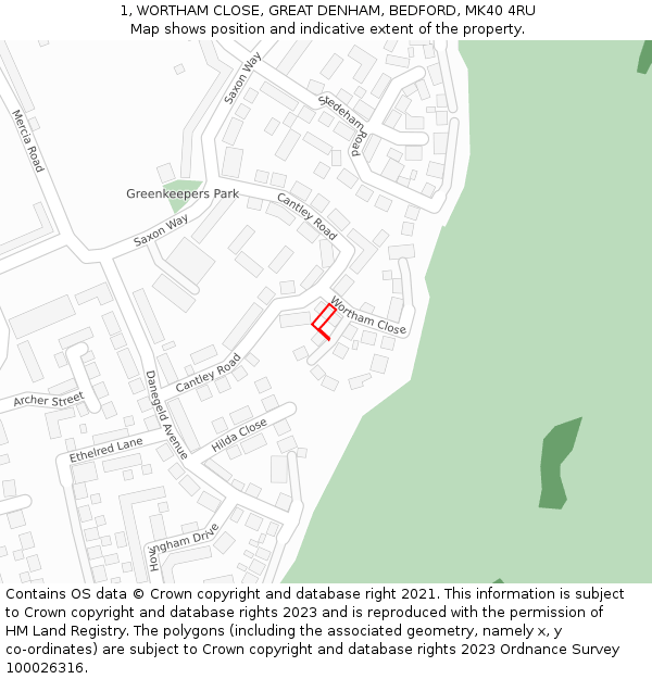 1, WORTHAM CLOSE, GREAT DENHAM, BEDFORD, MK40 4RU: Location map and indicative extent of plot