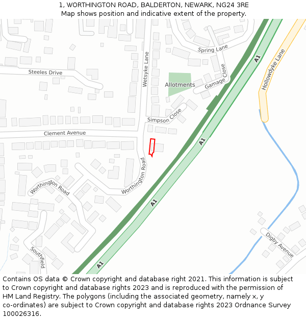 1, WORTHINGTON ROAD, BALDERTON, NEWARK, NG24 3RE: Location map and indicative extent of plot