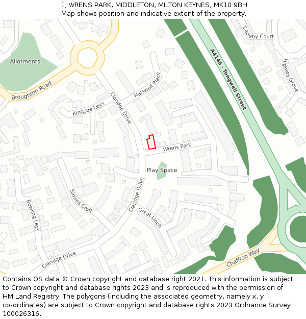 1, WRENS PARK, MIDDLETON, MILTON KEYNES, MK10 9BH: Location map and indicative extent of plot