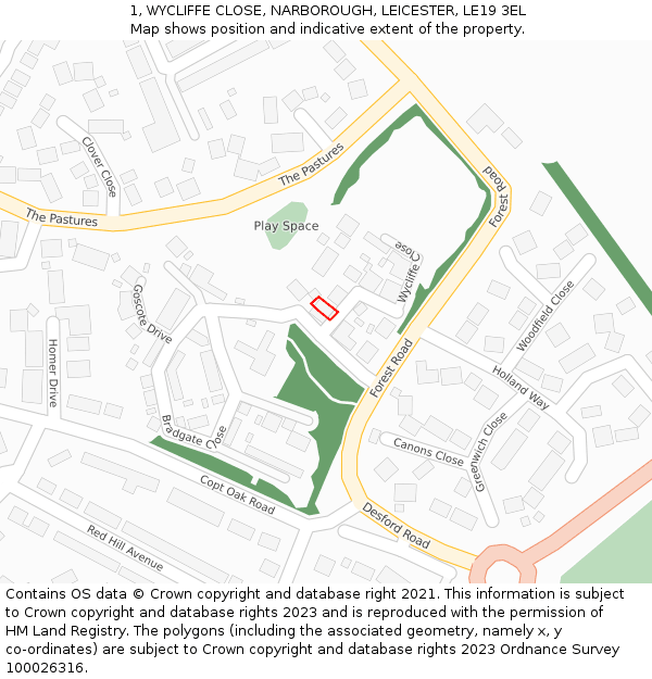 1, WYCLIFFE CLOSE, NARBOROUGH, LEICESTER, LE19 3EL: Location map and indicative extent of plot